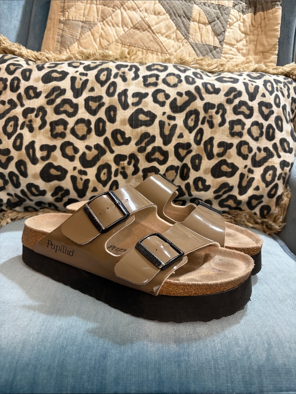Papillio Women's Double-Buckle Platform Sandals in Taupe Patent